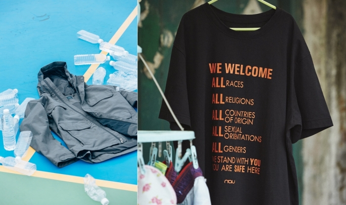 페트병을 수거해 재생시킨 원사를 사용한 ‘리사이클 폴리 라인’과 블랙야크 나우의 오가닉 티셔츠.