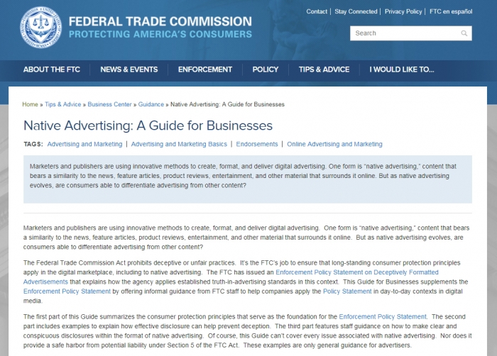 미국 연방통상위원회가 발표한 네이티브 애드 가이드라인. 독자가 오해하지 않도록 정보출처를 명확히 공개해야 한다고 적혀 있다. 홈페이지 캡처