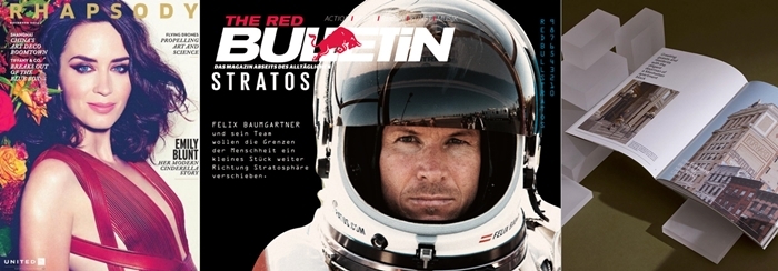 왼쪽부터 유나이티드 항공의 랩소디(RHAPSODY)와 레드불의 ‘더 레드 불레틴(The Red Bulletin), 패션브랜드 COS의 코스매거진.