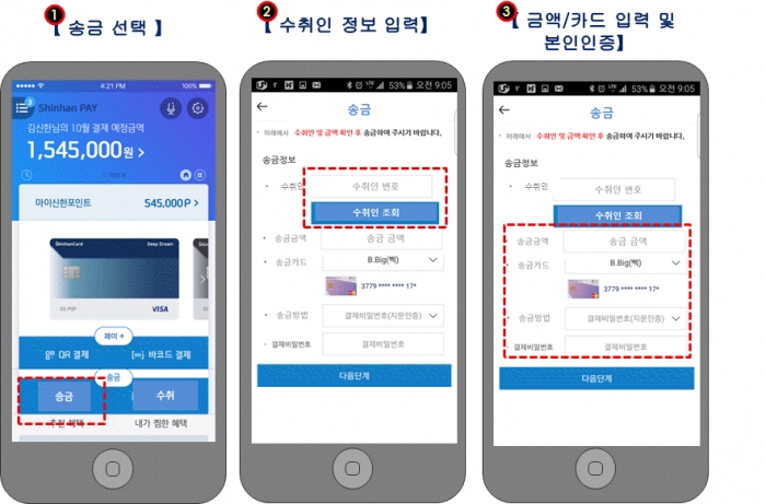 신한카드 ‘카드 기반 송금 서비스’ 예시.
