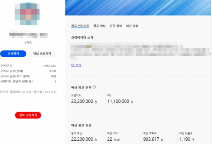 유하에서 키즈크리에이터 이름으로 검색한 결과. 예상 광고 단가와 CPV, 조회수 등이 나온다.