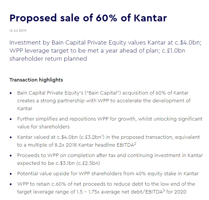 WPP가 자사 홈페이지에 게재한 칸타 지분 매각 공지.