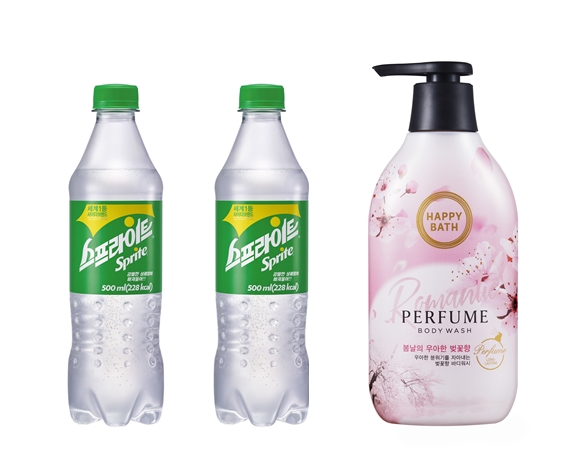 투명 페트가 적용된 스프라이트와 해피바스 제품.