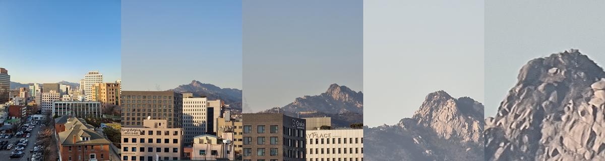 왼쪽부터 1.0X, 4.0X, 10X, 30X, 100X로 촬영한 사진.