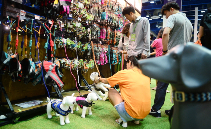 서울 강남구 코엑스에서 열린 반려동물 종합산업대전인 ‘서울펫산업박람회(펫서울) 2017’에 참가한 관람객이 반려동물 아웃도어 관련 제품을 고르고 있다. 뉴시스