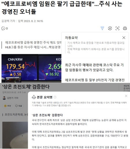 다음(위)과 네이버(아래)의 뉴스 자동요약 서비스 사례