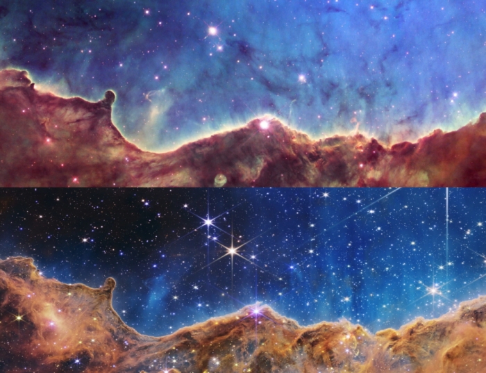 지구에서 8500여 광년 떨어져있는 용골자리 성운의 우주 절벽 부분 확대 사진. 위는 허블 망원경으로 찍은 것이고 아래는 제임스웹 망원경으로 찍은 것이다. 저자는 "이미지 해상도와 마찬가지로 데이터 해상도가 높으면 더욱 정확한 분석이 가능해지며 곁으로는 보이지 않던 새로운 인사이트를 발견할 가능성이 훨씬 커진다"고 말한다.