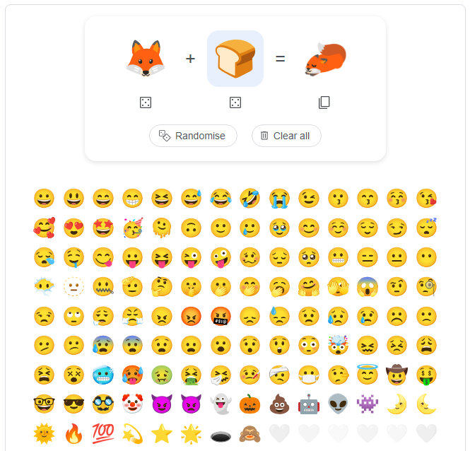 구글 이모지 키친에 두 가지 이모지를 입력하면 각 특징을 조합한 새로운 이모지가 나온다.