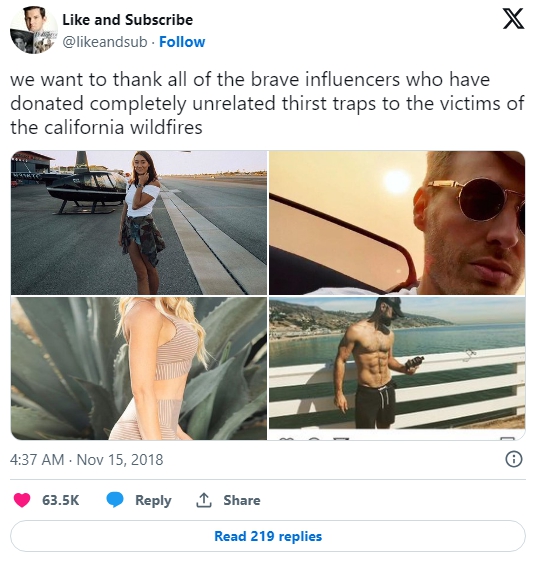 한 트위터 게시물은 2018년 캘리포니아 산불을 이용해 홍보에 나선 인플루언서들을 비꼬며 "캘리포니아 산불 피해자들에게 전혀 상관 없는 야한 사진을 기부해주신 모든 용감한 인플루언서들에게 감사를 전합니다"라는 내용으로 큰 호응을 얻었다. 사진=Like and Subscribe 트위터 계정 캡처.
