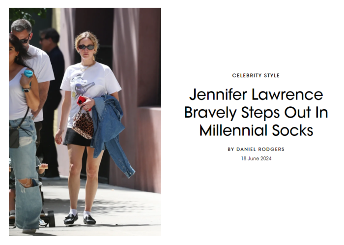 보그 영국판은 18일 “제니퍼 로렌스가 밀레니얼 양말(발목 양말)을 신고 용감하게 나섰다”라는 기사를 보도했다. 사진=British Vogue 홈페이지 갈무리