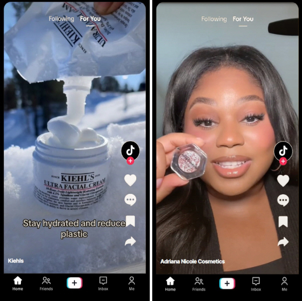 리유저블 패키징(왼쪽)과 활발한 고객소통(오른쪽) 사례로 소개된 틱톡의 화장품 채널 영상들
