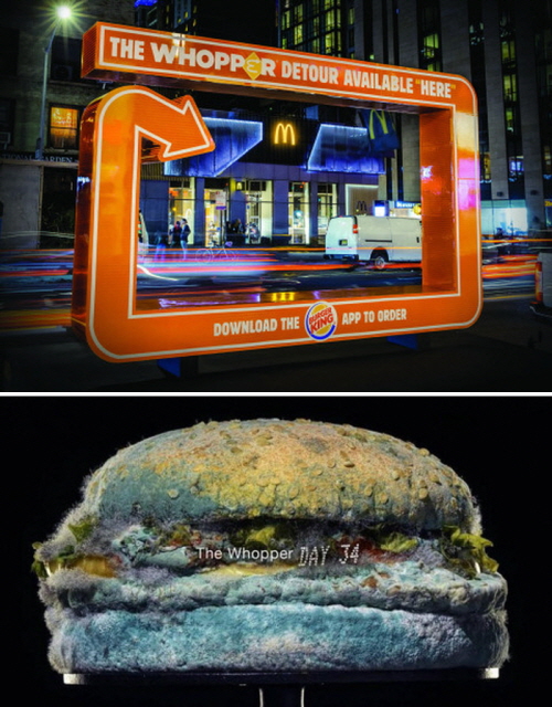 ‘2019 부산국제마케팅광고제’ 올해의 그랑프리(제품 서비스 부문) 수상작인 버거킹 ‘와퍼 디투어(Whopper Detour)’(위)와 2020 버거킹 광고 ‘곰팡이 슨 와퍼(The Moldy Whopper)’ 이미지