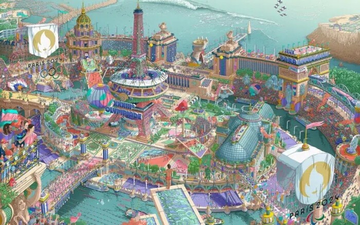 프랑스 일러스트레이터 Ugo Gatoni와 제작, 경기장이 있는 도시를 꿈처럼 묘사하고 있으며, ‘Games Wide Open’이라는 슬로건을 반영하고 도시에 스포츠를 가져오겠다는 프로젝트의 야망을 반영, 2024 파리올림픽 포스터