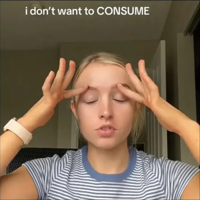 메간 펙스턴(Meghan Pexton)이 7월 4일 올린 영상은 현재 3만개가 넘는 좋아요와 1466개의 댓글이 달렸다. "인플루언서의 시대를 넘어선 사람 없나요"라는 말로 시작하는 해당 영상은 "더는 견딜 수 없다"며 저소비 신조에 동감하는 이들의 반응을 이끌어냈다. 사진=mmeghqn 틱톡 계정 캡처.