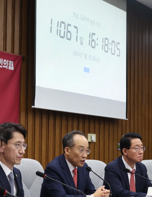 9월 12일 오전 서울 여의도 국회에서 열린 연금개혁 정책간담회에서 추경호 국민의힘 원내대표가 발언하고 있다. 빔프로젝트 화면에 연금 고갈까지 남은 시간이 표시되고 있다. 뉴시스