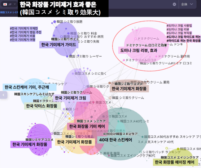 ‘한국 화장품 기미제거 효과 좋은‘ 키워드의 전후 검색 경로에서 에서 발견한 소비자 니즈 (일본: 2020년 8월~2024년 7월 구글 재팬 검색어 기반) 사진=어센트코리아