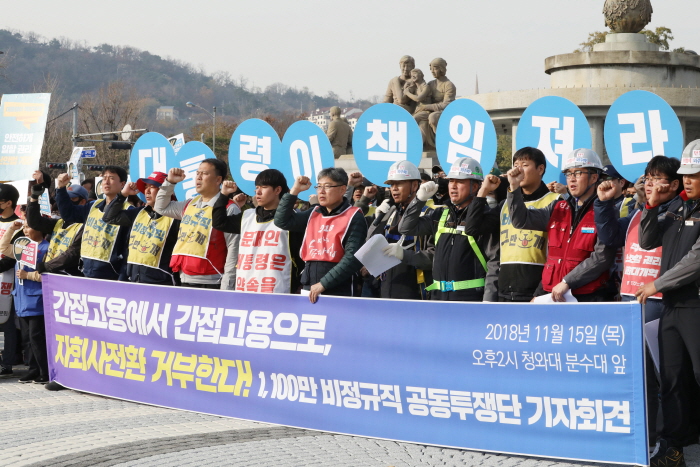 2018년 11월 15일 오후 서울 종로구 청와대 분수대 앞에서 열린 비정규직공동투쟁단 기자회견에서 한국발전산업노조 한전산업개발 발전지부 최성균(오른쪽 다섯번째) 위원장을 비롯한 참가자들이 구호를 외치고 있다. 자회사 정규직이 아닌 본사 정규직을 원한다는 의미로 해석되는 구호다.