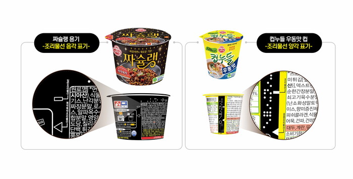 오뚜기가 자사 라면 제품 '짜슐랭'과 '컵누들' 용기에 양각, 음각으로 표기한 조리물선. 사진=오뚜기 제공.