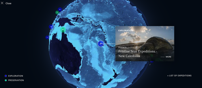 대화형 3D 지구본에서 전세계 바다에서의 탐험 보존 활동을 찾을 수 있다(BOC 웹사이트 캡처)