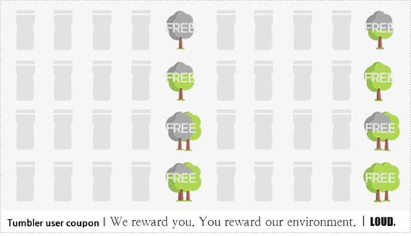 평균 10개 단위가 일반적인 커피 무료 쿠폰을 텀블러 사용자에게는 5개로 간격을 줄여 제작한 [텀블러 사용자를 위한 쿠폰] 이미지 예  ©공공소통연구소