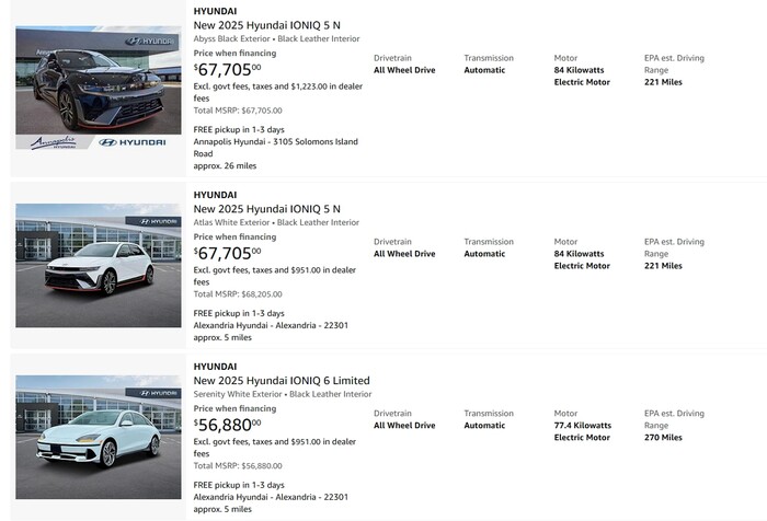 아마존 오토스에서 현대차 차량을 검색한 모습. 사진=아마존 제공