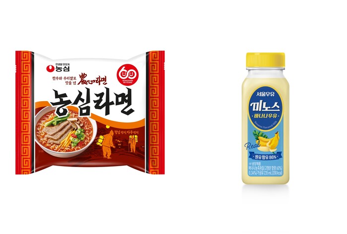 농심이 재출시한 '농심라면'과 서울우유의 '미노스 바나나우유' 모습. 사진=농심, 서울우유 제공
