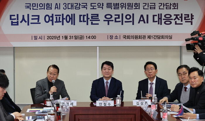 권영세 국민의힘 비상대책위원장이 31일 오후 서울 여의도 국회 의원회관에서 열린 'AI 3대강국 도약 특별위원회 긴급 간담회: 딥시크 여파에 따른 우리의 AI 대응전략'에서 인사말을 하고 있다. 사진=뉴시스