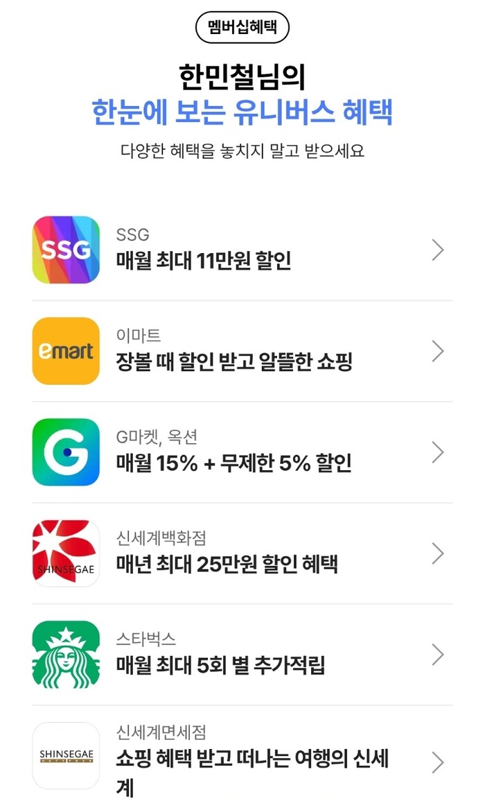 신세계 유니버스클럽의 혜택 종류. 사진=신세계 유니버스클럽 캡처