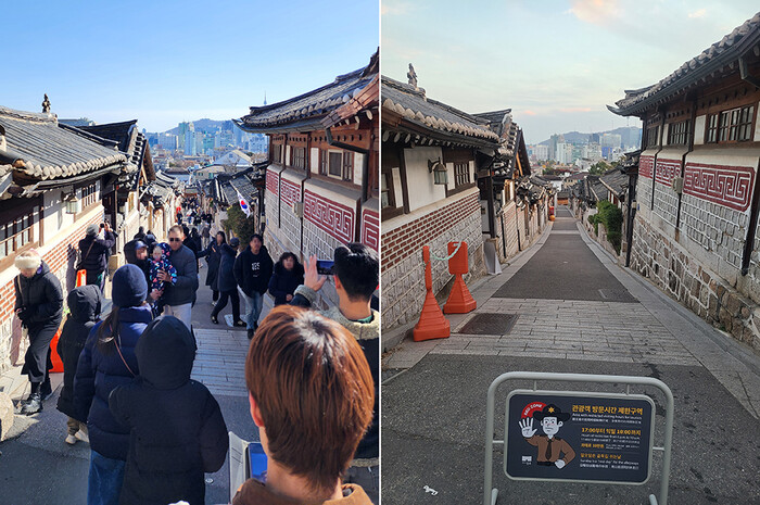 북촌 일대 관광객 통행 제한 정책 시행 전(왼쪽)과 후(오른쪽). 사진=종로구청 제공