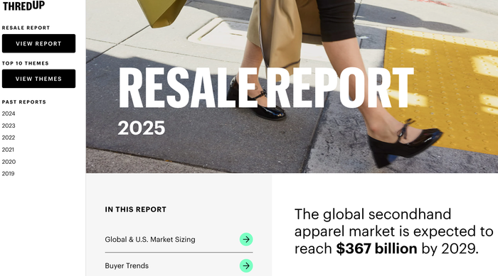 스레드업의 최신 보고서에 따르면 2029년까지 전세계 중고의류시장은 3,670억 달러(약 537조 원) 규모로 성장할 것이다(사진=스레드업 홈페이지)