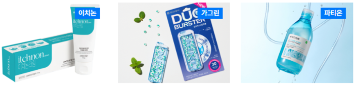 (왼쪽부터) 동아제약 이치논크림, 듀오버스터 민트볼, 파티온 포도당 하이드로 에센스 토너&크림 제품 사진. 사진=동아제약 제공