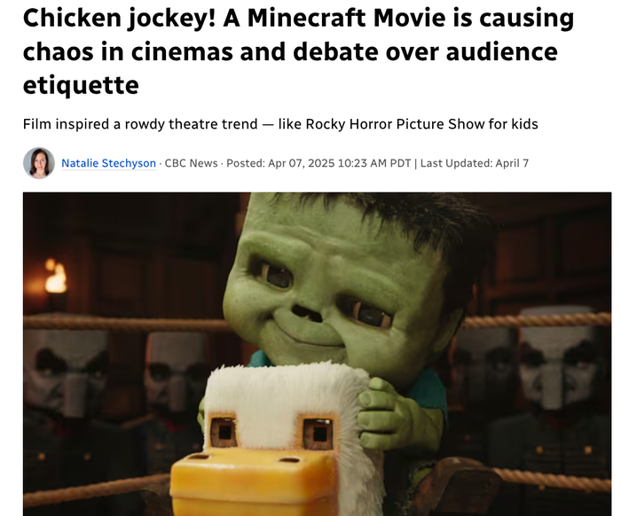   마인크래프트 무비가 개봉과 동시에 이미 소셜미디어에서 퍼진 '치킨 조키' 트렌드로 대혼란을 일으키고 있다(사진=CBC 뉴스)