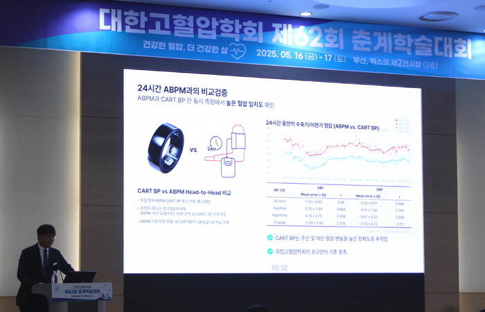지난달 17일 부산 벡스코에서 열린 대한고혈압학회 제62회 춘계학술대회에서 이병환 스카이랩스 대표는 '이제는 커프리스 혈압계의 시대'를 주제로 발표를 진행했다. 사진=대웅제약 제공