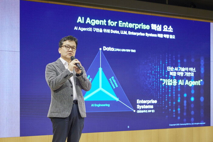 삼성SDS 이준희 대표이사(사장)가 6월 26일 진행된 삼성SDS 미디어데이에서 환영사를 전하고 있다. 사진=삼성SDS 