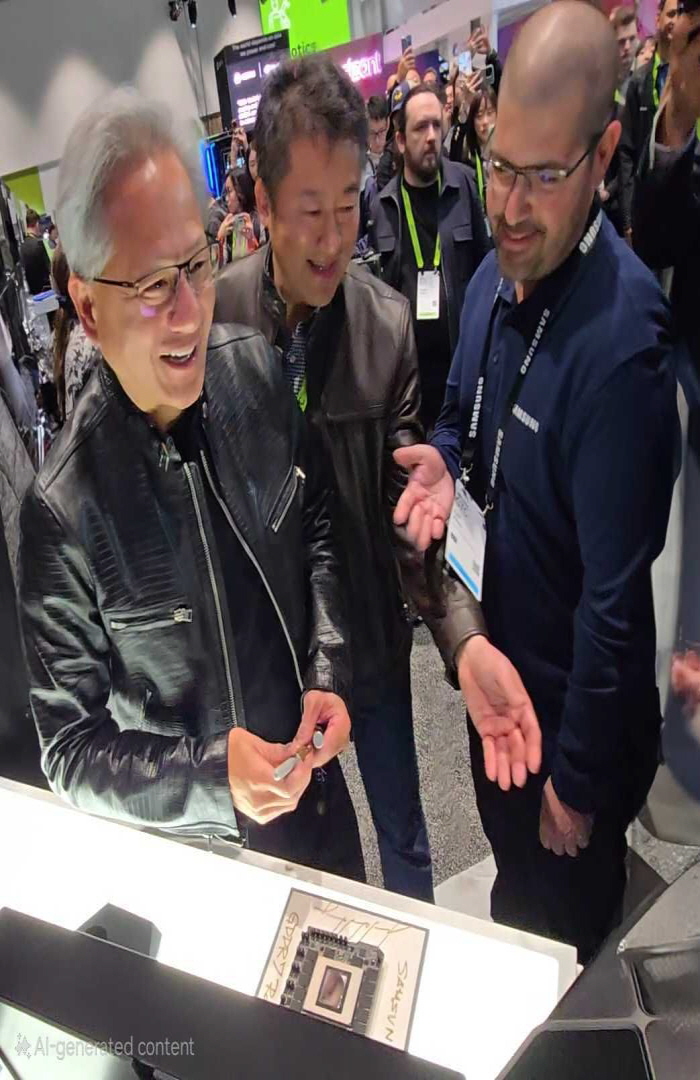 젠슨 황 엔비디아 최고경영자(CEO)가 지난 3월 20일(현지시간) ‘GTC 2025’ 행사장에 마련된 삼성전자 부스를 방문해 현장을 둘러보고 있다. 사진=뉴시스