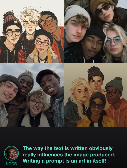 '페어 이너프'에 등장하는 네 명의 십대들은 프롬프트 작성에 따라 달라지는 AI 생성 이미지를 창작 예술로 볼 수 있을지 궁금해 한다 (사진 = fair-enough.ai)