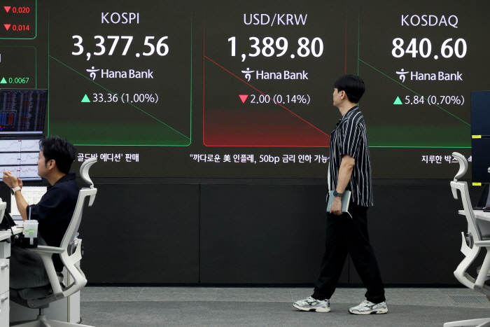 코스피가 사흘 연속 사상최고치를 경신하고 있는 12일 서울 중구 하나은행 딜링룸에서 딜러들이 업무를 보고 있다. 뉴시스