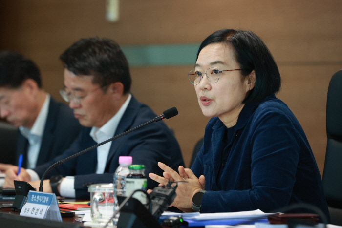 한성숙 중소벤처기업부 장관이 1일 서울 영등포구 기술보증기금 서울지점에서 열린 '중기부-공공기관 정책협의회'에서 발언하고 있다. 사진=중소벤처기업부