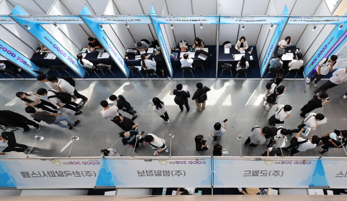 대구 수성구 수성알파시티 SW융합테크비즈센터(DNEX)에서 열린 ‘2025 청년 굿잡(GOOD JOB) 일자리 박람회’를 찾은 취업 준비생들이 현장면접을 보고 있다. 사진=뉴시스