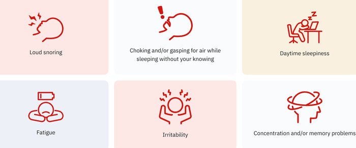 OSA 증상으로 큰 코골이, 자신도 모르게 새 수면 중 숨막힘/숨헐떡임, 주간 졸림, 피로, 신경과민, 집중력이나 기억력 감퇴등이 있다 (사진 = dontsleeponosa.lilly.com)