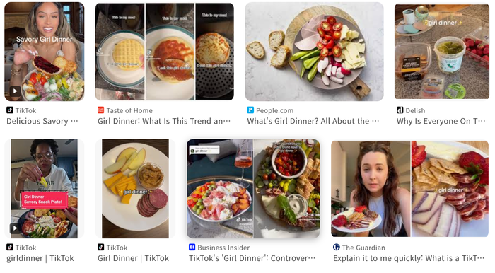 크래커나 치즈, 채소 등 간식으로 간단하게 혼자 먹는 '걸 디너(girl dinner)'는 꾸준히 이어지는 틱톡 트렌드다 (사진 = 구글검색)