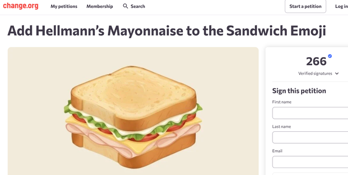 샌드위치 이모지에 마요네즈 층을 추가해 달라는 온라인 청원이 진행 중이다 (사진 = change.org)